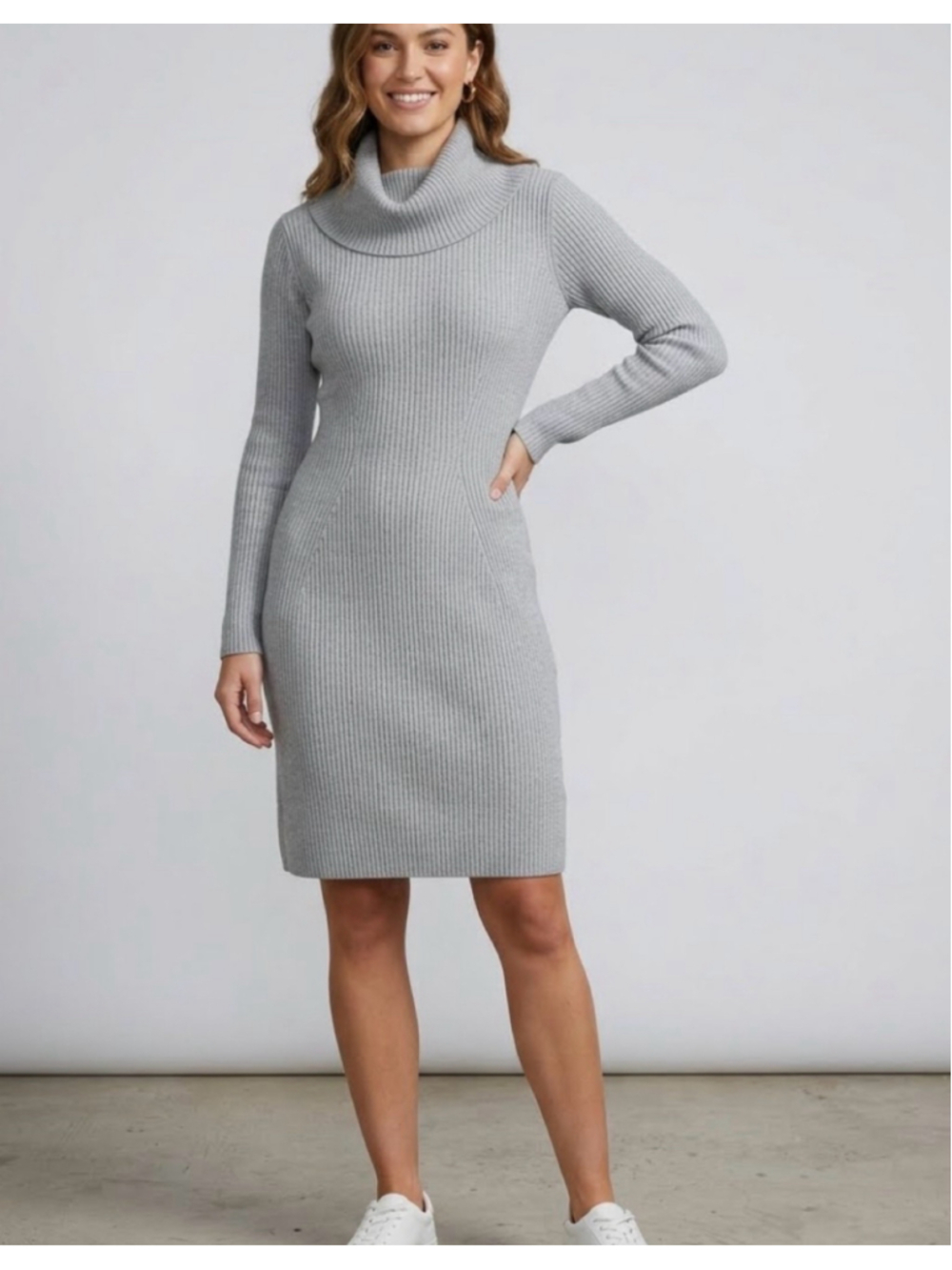 Marc New York Grey Ribbed Knit Foldover Cowl Neck Sweater Dress long Size M 2126